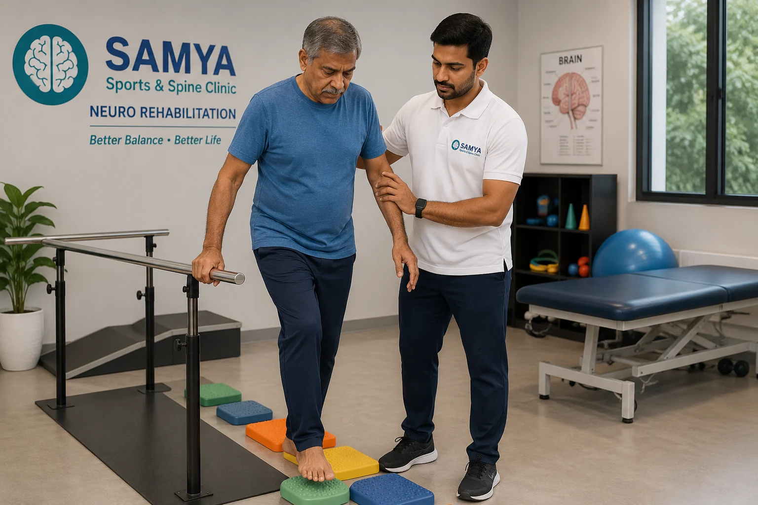 Dr. Allwin Kumar guiding a neuro recovery patient through balance and gait training
