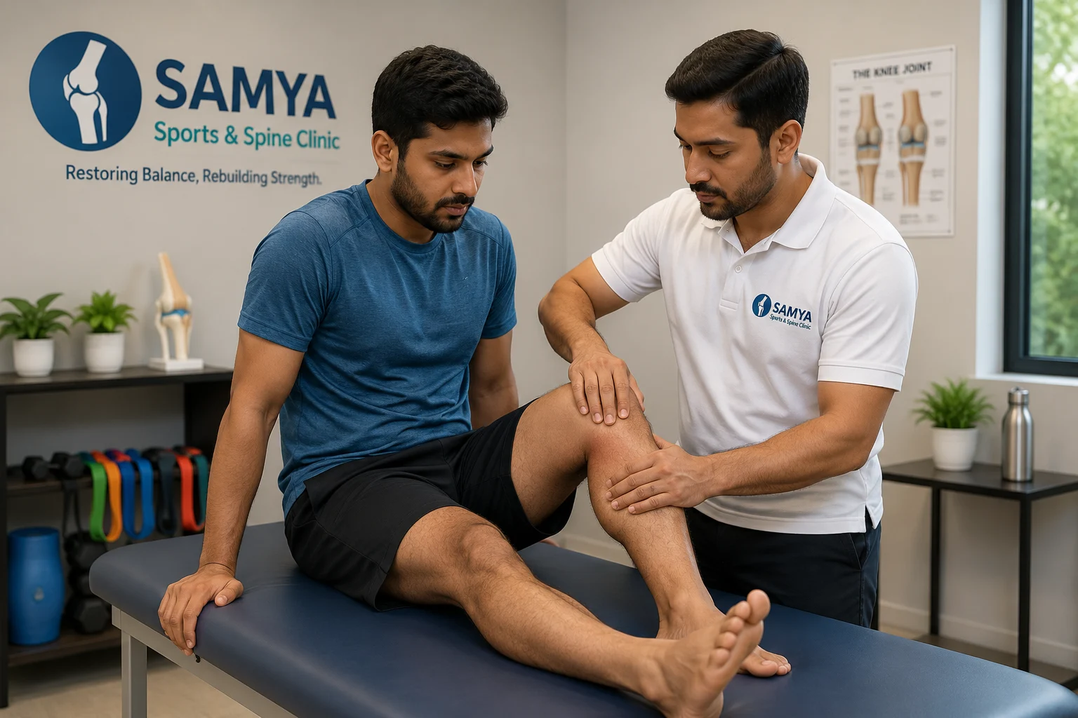 Orthopedic knee joint mobility examination and treatment at Samya Sports & Spine Clinic