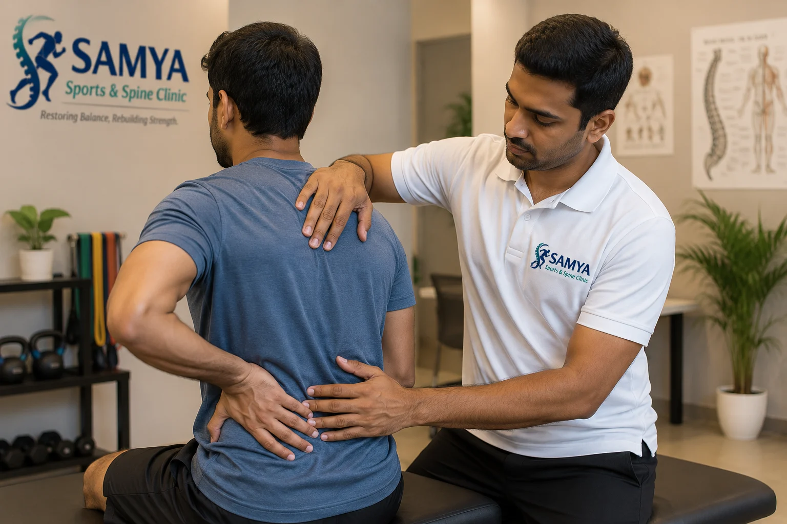 Dr. Allwin Kumar performing spine assessment and manual therapy on a patient at Samya Sports & Spine Clinic